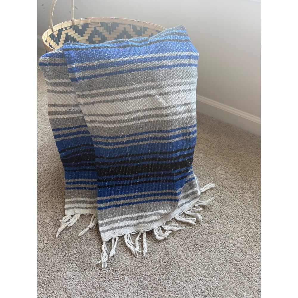 Frank's Textiles Mexican Falsa Blanket Blue Grey Striped Woven Yoga Picnic Throw